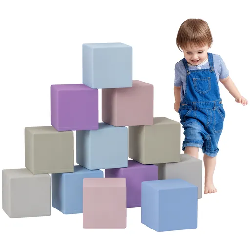 HOMCOM Set 12 Cuburi de Jucărie Moi pentru Copii 12-36 Luni, 20x20x20 cm, Multicolor Deschis | Aosom Romania