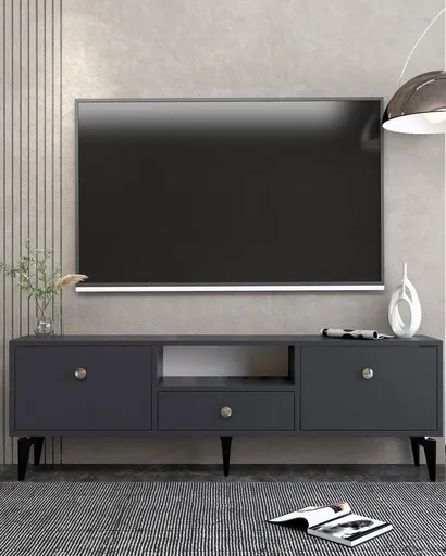 Comoda TV, Hanah Home, 1300-DROP-1, 140x49x30 cm, PAL , Antracit / Argintiu