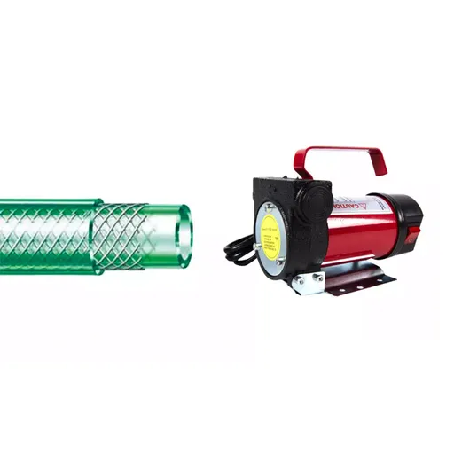 Pachet pompa transfer combustibil, 24V cu autoamorsare + Furtun pentru combustibil, PVC, insertie textila, rola 10m