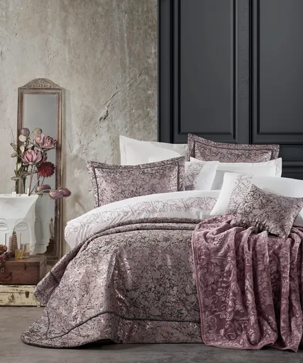 Set lenjerie de pat si cuvertura dubla, L'essentiel Maison, Destina, Pulbere / Alb