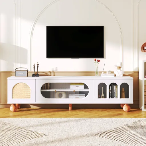 Dulap TV cu Ușă Glisantă din Sticlă, Alb | Aosom Romania