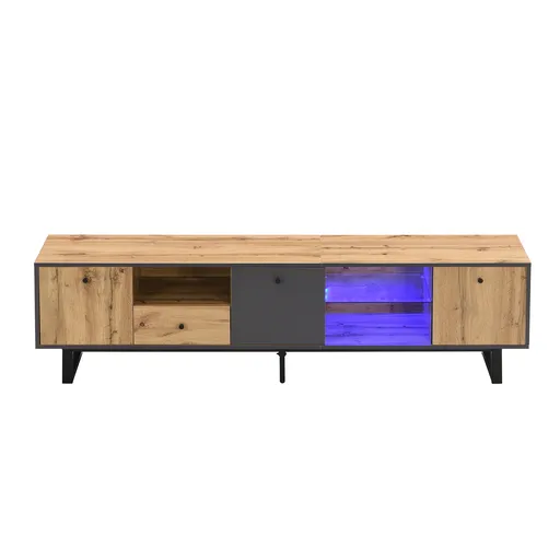 Mobilierul TV Jos pentru Living cu Efecte Luminoase LED, Rafturi din Sticlă și Balamale Amortizate, 190x40x50 cm, Natural