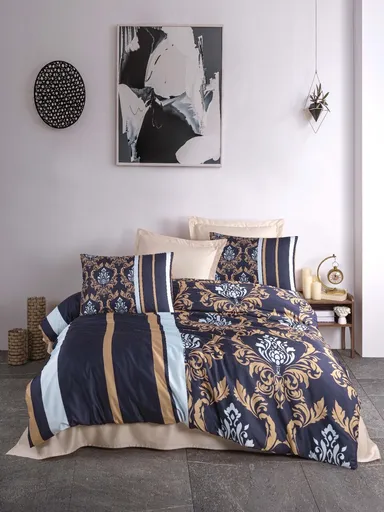 Lenjerie de pat pentru o persoana, L'essentiel Maison, 487, Albastru închis / Auriu / Alb