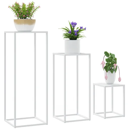 Outsunny Lot de 3 suporturi pentru plante pătrate din metal, empilabile interior și exterior, pentru grădină, balcon, casă, alb | Aosom Romania