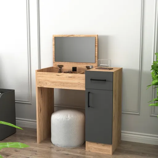 Masa de machiaj, Hanah Home, Inci, 77x108.8x37.3 cm, Pin Atlantic / Antracit