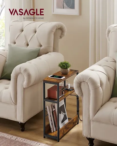 Masuta de cafea ingusta cu priza si USB Vasagle, 45x18x58 cm, max 100 kg, PAL/otel, maro rustic