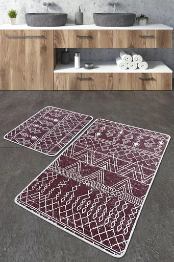 Set covorase de baie, L'essentiel Maison, Straordinario Djt, Roșu Claret / Alb