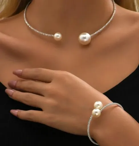 Bijuterii Mireasa cu Perle si Strasuri, Elegant, Colier si Bratara - 13533947