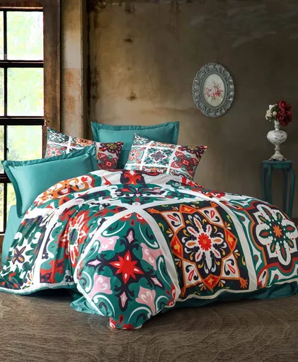 Lenjerie de pat dubla, L'essentiel Maison, 477, Verde / Alb / Roșu / Roz / Maro