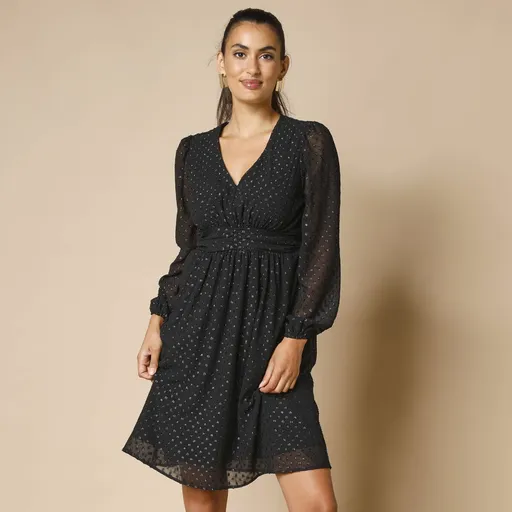 Rochie scurtă cu talie originală, broderie cu sclipici