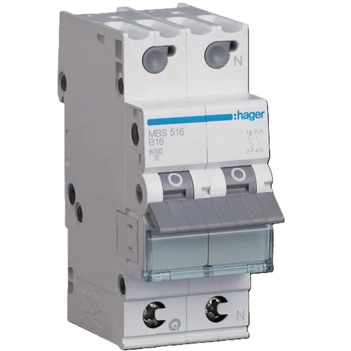 Siguranta automata Hager MBS516, curba B , 16A, 1P+N, 6kA, 2M, QuickConnect