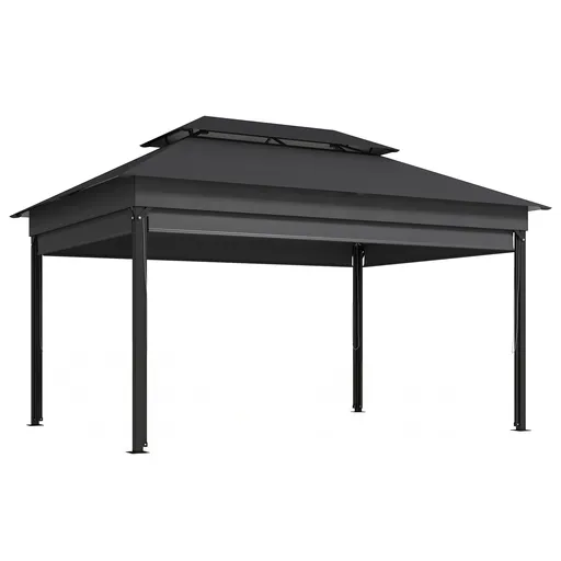 Outsunny Gazebo de grădină 4x3 m cu perdele laterale, acoperiș dublu, orificii de drenaj, Gri închis | Aosom Romania