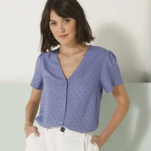 Bluză cămașă cu broderie și mâneci scurte