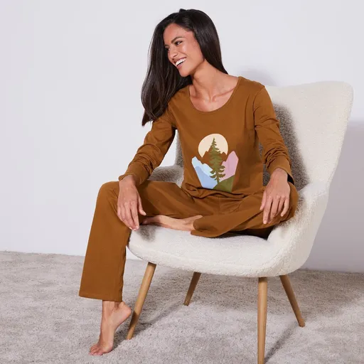 Pijama din bumbac cu mâneci lungi și imprimeu brad