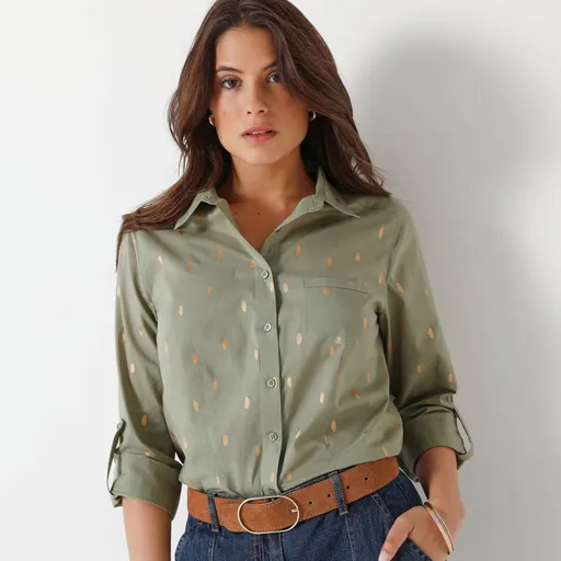 Cămașă cu mâneci suflecate și imprimeu auriu