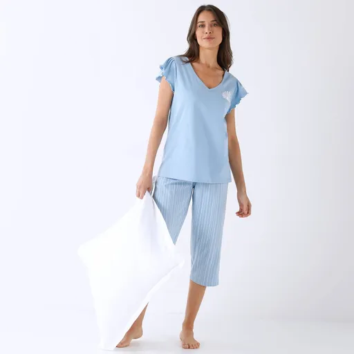 Pijamale 3/4 cu motiv solar și imprimeu în dungi