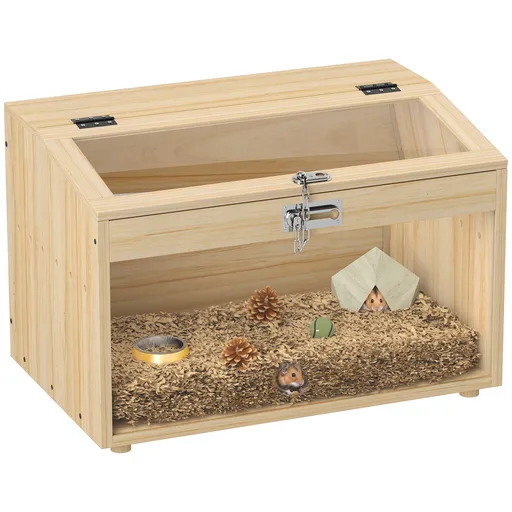 PawHut Cușcă pentru hamster din lemn, cu capac deschis, fereastră din acrilic 55 x 35 x 35 cm, efect lemn natural | Aosom Romania