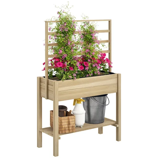 Outsunny Jardiniere pe picioare, carré potager de grădină pe picioare cu grilaj și raft, din lemn, 88 x 37 x 137 cm lemn natural | Aosom Romania