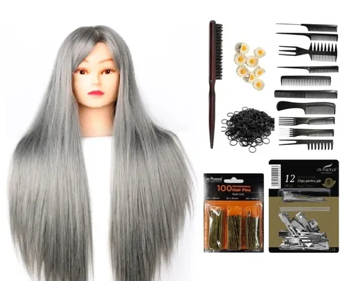 Set Kit Coafor pentru Exersat Impletituri Indila, Perie de Tapat, Ace de Coc si Clipsuri