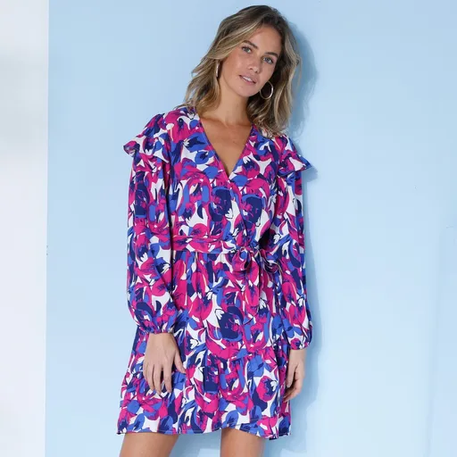 Rochie din crep cu volane și decolteu încrucișat