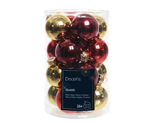 Cutie cu 16 globuri asortate Pinecone, Decoris, 3.5 cm, sticla, rosu/auriu