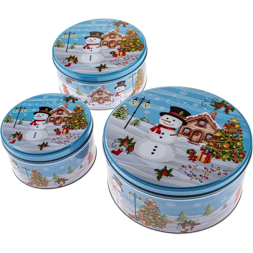 Set de 3 cutii de tablă rotunde Om de zăpadă, albastru