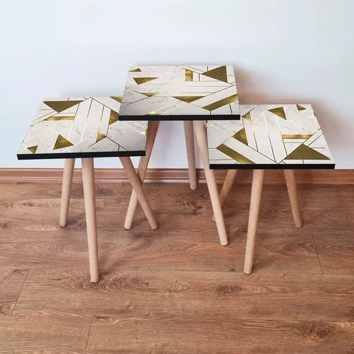 Set masute 3 piese, Hanah Home, 3Shp231, Alb/Auriu