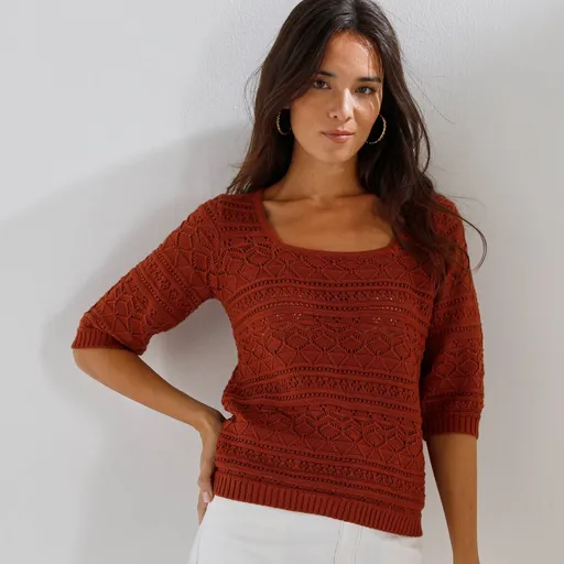 Pulover ajurat cu mâneci până la cot