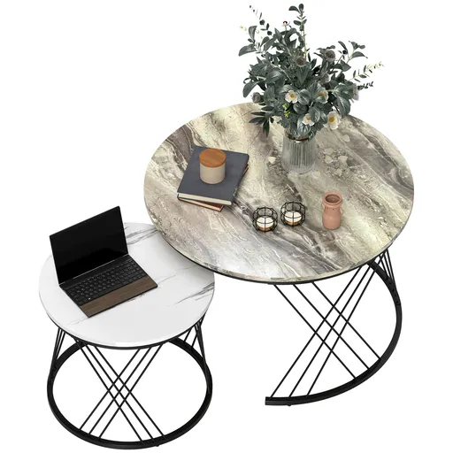 HOMCOM Lot de 2 mese joase gigogne rotunde Ø 70/44,5 cm cu blat efect marmură și picioare din metal, gri și alb | Aosom Romania