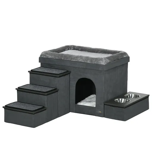 PawHut Casă pentru pisici, cușcă pentru pisici, grotă pentru pisici, 3 trepte pentru animale, 2 boluri de hrănire, 70 x 50 x 51 cm, Gri | Aosom Romani