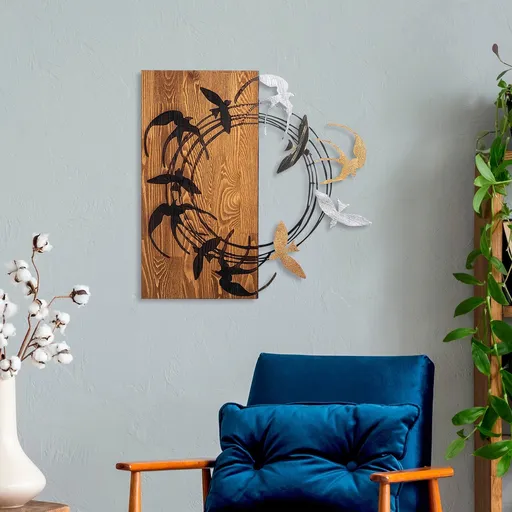 Decoratiune de perete, Spiral Birds 2, Dimensiune: 58 x 58 cm, Nuc / Negru