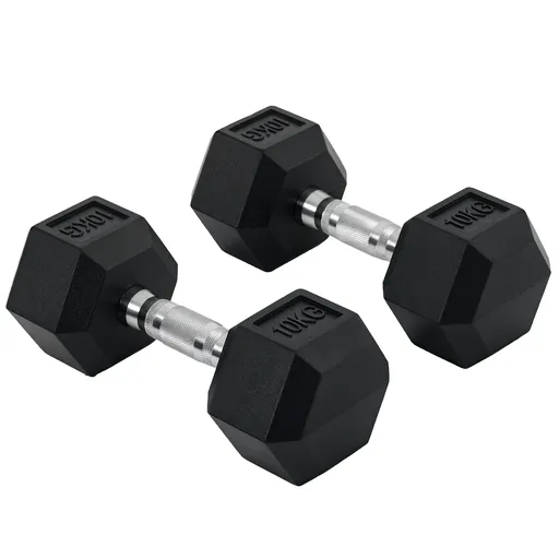 HOMCOM Set 2 gantere hexagonale de 10kg din metal si cauciuc pentru antrenamente acasa si la birou, negru
