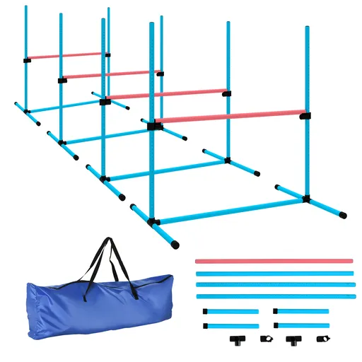 PawHut Set Agility câini 4 piese reglabil pe înălțime, echipament Agility cu 4 obstacole, geantă de transport, 99 x 65 x 94 cm, albastru deschis | Aos