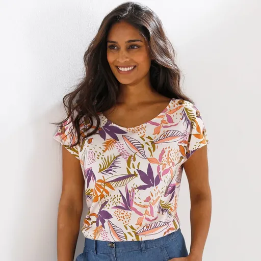 Tricou imprimat cu nasturi pe umeri