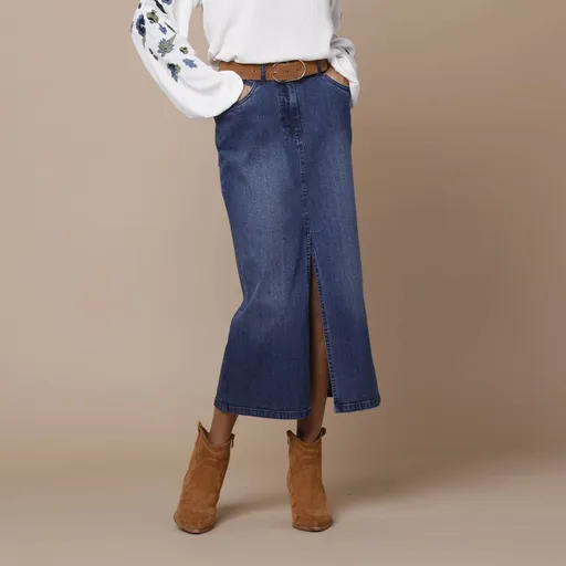 Fustă midi dreaptă din denim cu crăpătură în față