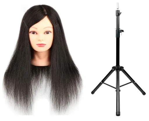 Set Trepied + Manechin Par Natural 100% pentru Coafat, Vopsit, Decolorat, Maria Brunet, 45-50 cm + Suport Prindere
