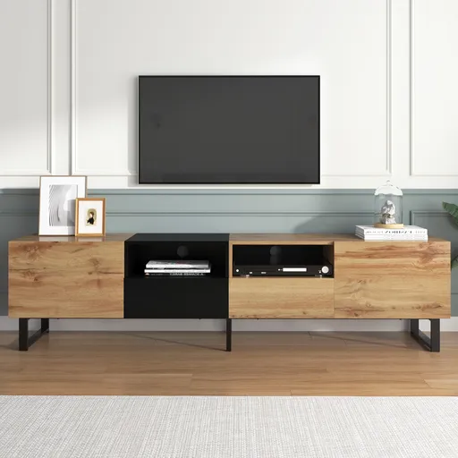 Mobilier TV modern, Negru+Culoare naturală | Aosom Romania