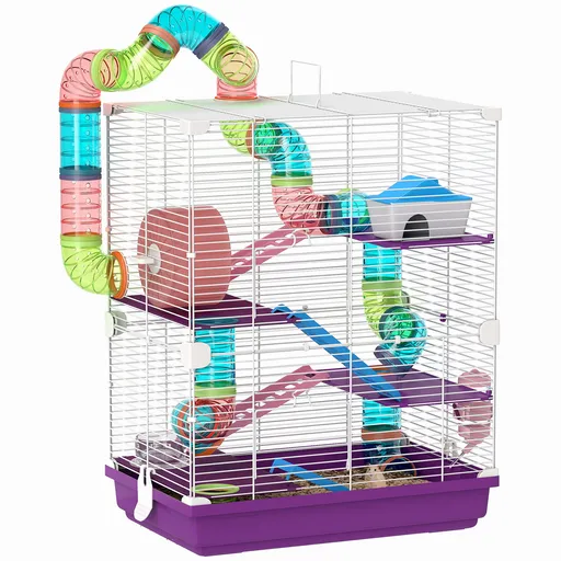 PawHut Cușcă pentru hamster rongeur 4 etage cu tuneluri, biberon apă, roată, casă, scări 46 x 30 x 58 cm violet | Aosom Romania