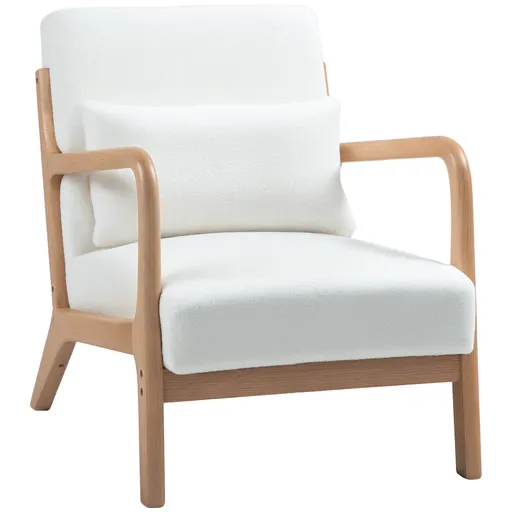 HOMCOM Fotoliu lounge, 3 perne incluse, adâncime șezut, brațe, structură lemn hevea, aspect catifea crem | Aosom Romania