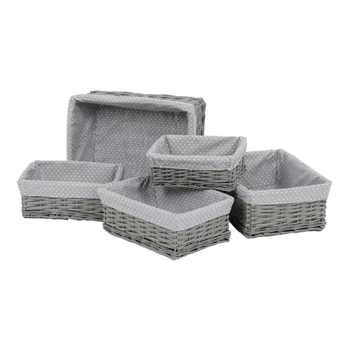 Set coșuri de răchită cu țesătură buline gri, 5 buc., 5 dimensiuni, 48 x 18 x 37 cm