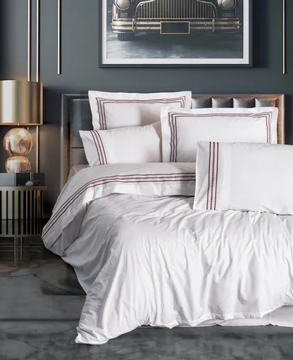 Lenjerie de pat dubla, L'essentiel Maison, Helya, Alb / Roșu Claret