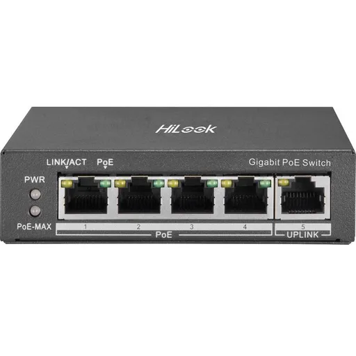 Switch PoE cu 4 porturi HikVision HiLook NS-0505P-35, 10/100/1000 Mbps, 10 Gbps, 7.44 Mpps, MAC 2K, fara management
