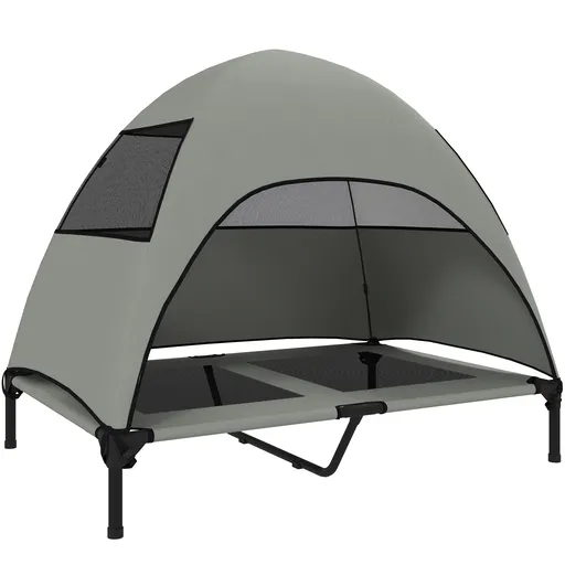 PawHut Pat pentru câini exterior cu acoperiș, pat ridicat pentru câini mari, 106 x 76 x 99 cm, Gri deschis | Aosom Romania