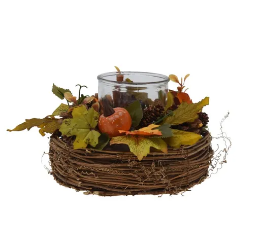 Coronita de masa cu suport lumanare v2, Excellent Houseware, 21x21x13 cm, ratan/sticla, multicolor