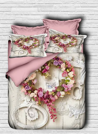 Lenjerie de pat dubla King (IT), 3 piese, L'essentiel Maison, 128, Roz / Alb / Verde