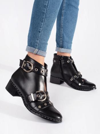 Botine moderne negre pentru femei pe un toc lat