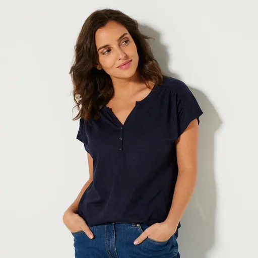 Tricou monocrom cu decolteu tunisian și mâneci scurte