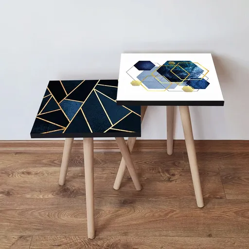 Set masute 2 piese, Hanah Home, 2Shp482, Bleumarin / Negru / Auriu / Alb