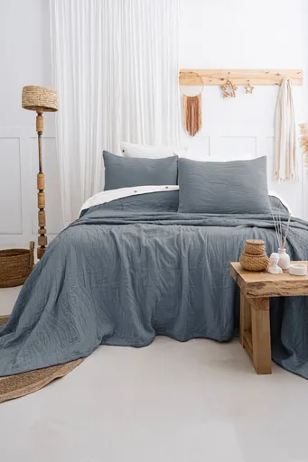 Set cuvertura de pat dubla 3 piese, L'essentiel Maison, Janna, Bumbac, Albastru