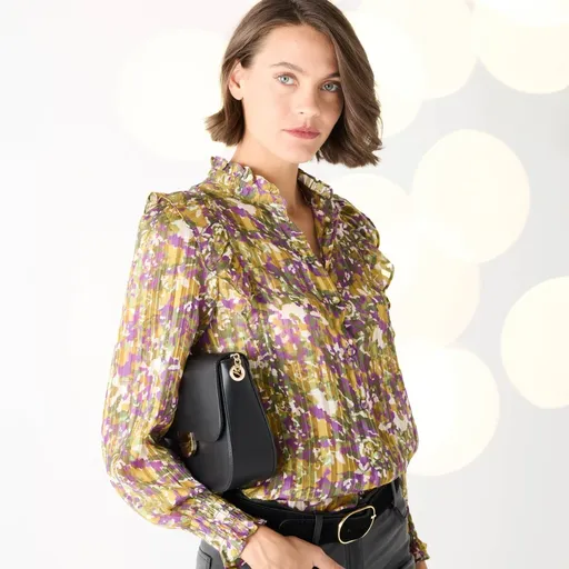 Bluză din voal cu volane și imprimeu